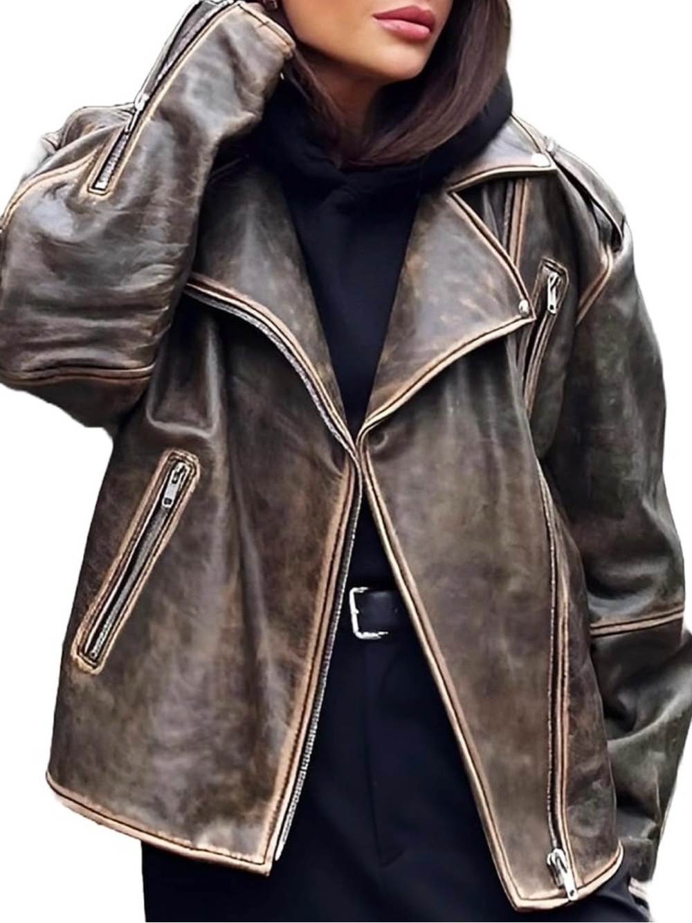 Women's Oversized Genuine Leather Brown Classic Bomber Coat - Women's